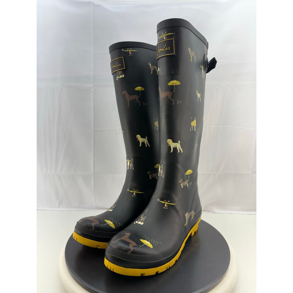 Joules Welly Print Dogs Womens Size 8 Black Knee-High Rubber Rain Boots